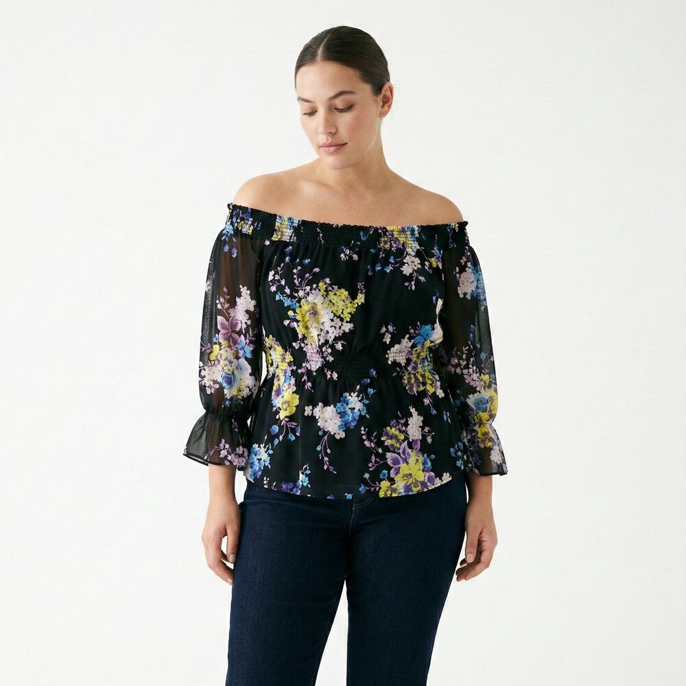 Torrid Blouse Black Blue Floral Off Shoulder Coquette Boho Sheer 3X